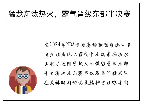 猛龙淘汰热火，霸气晋级东部半决赛