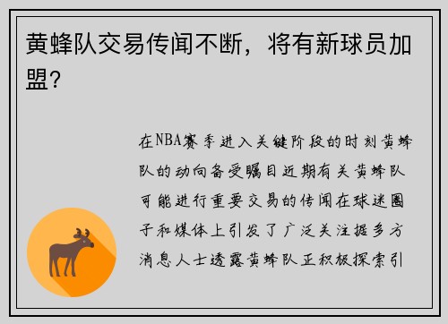 黄蜂队交易传闻不断，将有新球员加盟？